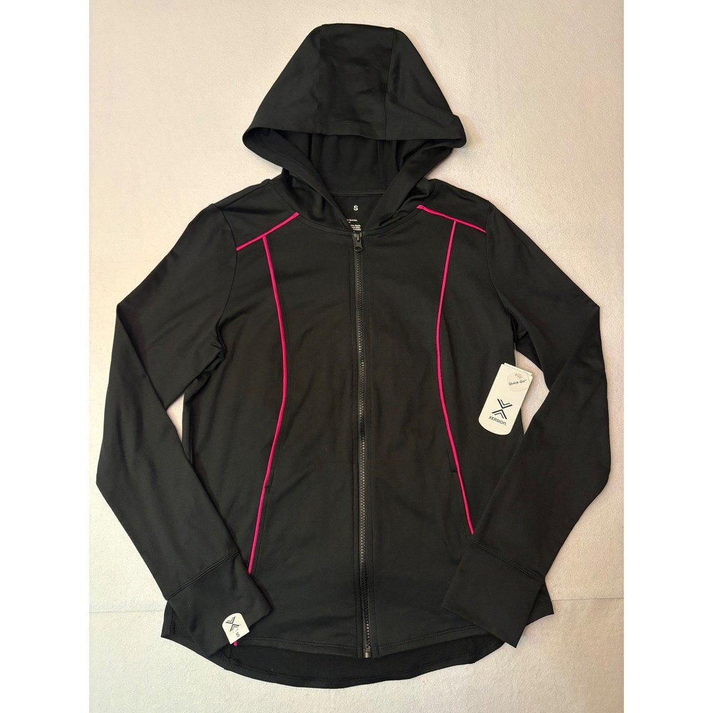 Xersion Womens Quick-Dri Full Zip Hoodie Black Fuchsia Thumbholes Size Small NWT